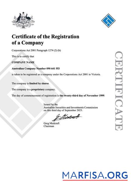 Blank Australia certificate of company registration Word and PDF template